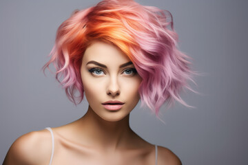 Naklejka premium Portrait of a young woman with a multicolored hairstyle