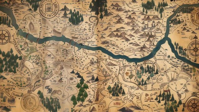 Intricately detailed fantasy map in a vintage style, featuring complex terrain, mysterious locations and ancient landmarks. Evokes a sense of adventure, lore and worldbuilding from a bygone era.
