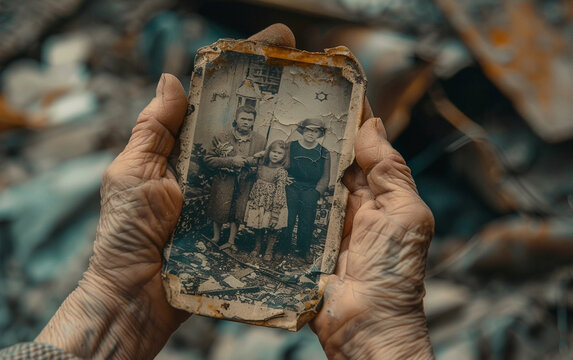 Macro shot of a praying woman's hands, with a torn photo of her family in the background, amidst the wreckage, high-resolution