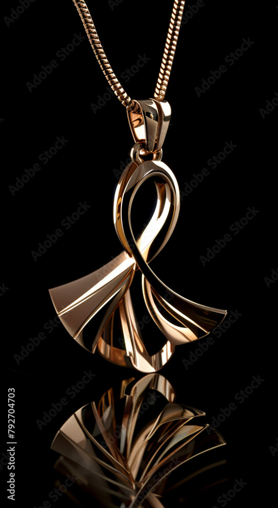 Wall mural a beautiful gold pendant with bail and chain, inspired by dancing, op art style, opart style, rosegold material, reflective enamel, empty black background