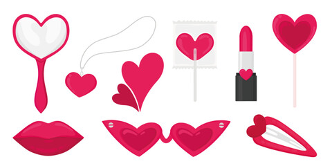 Set of pink girly elements. Cute pink heart shaped elements.