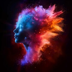 A vibrant powder explosion forms a female head profile against a dark background, The colors evoke creativity and energy, symbolizing innovation, inspiration, vision, and digital marketing