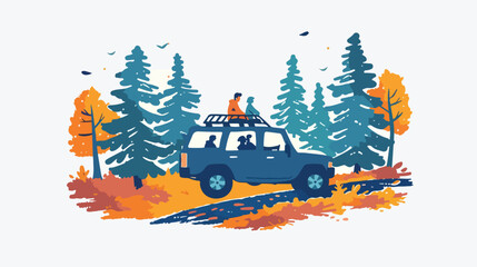 Family rides in a SUV car on a forest road. Vector illustration