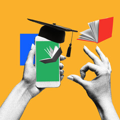 Female hand holding mobile phone with flying books and graduation cap around. Contemporary art collage. Ability to get qualification all around the world. Concept of online education, e-learning