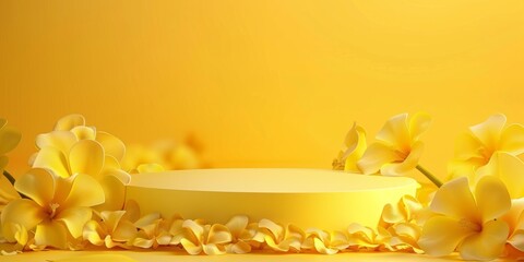 Yellow podium with delicate flowers for various products