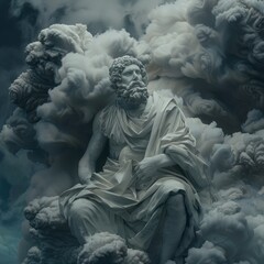 a stoic perfect God in the clouds looking down from the clouds, Rainy dark clouds