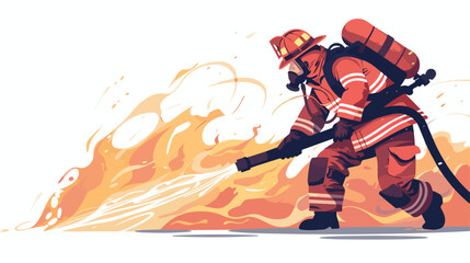 Firefighter extinguishing fighting fire with hose - obrazy, fototapety, plakaty