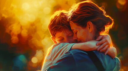 An emotive image portraying the beautiful connection between a mom and her son as they share a loving hug