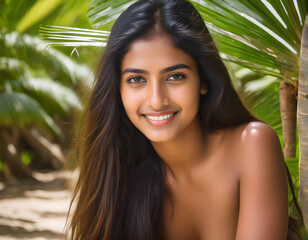 Palms and Paradise: A Beautiful Indian Girl in a Bikini at the Indian Ocean