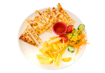 Isolated pancake menu on plate served with fries and salad
