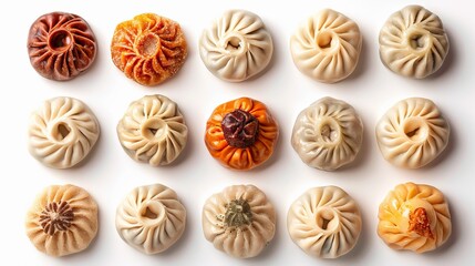 Artistic display of Baozi with sweet and savory fillings, top view, highlighted against an isolated white background, studio lighting