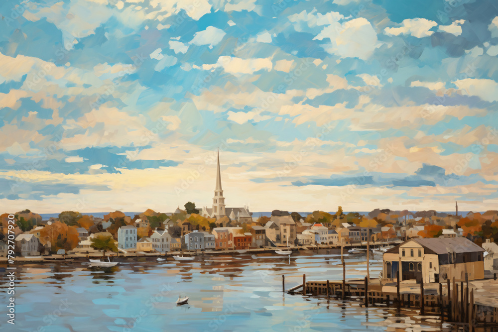 Wall mural above view oil painting of a seaside cityscape with big clouds.