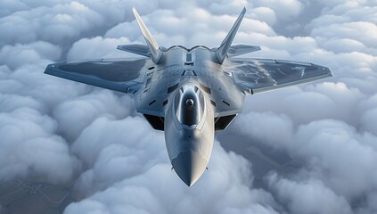 A state-of-the-art fighter jet pierces the clouds, showcasing military might and advanced aviation technology