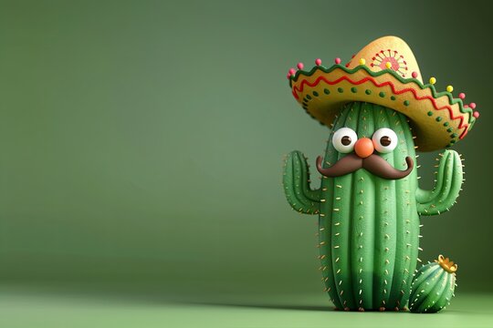 A Mexican cactus character wearing a traditional sombrero and mustache banner with copy space 