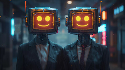 2 robot butlers in professional attire, with smiling faces, friendly, service industry. Robot service concept