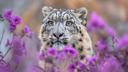 a leopard with a purple flower background
