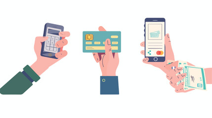 Flat icon set of payment types. Hands holding credit