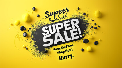 Bright sunshine yellow backdrop with bold black lettering "Super Sale! Hurry, Limited Time, Shop Now!"