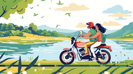 Young couple riding a motorcycle. Summer landscape. Vector
