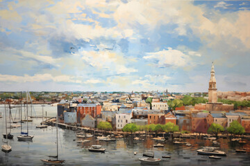 Above view oil painting of a seaside cityscape with big clouds.