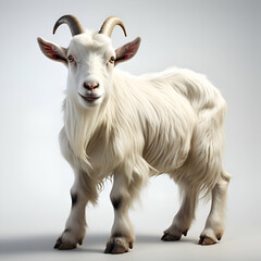 Fototapeta premium Portrait of a white goat with horns on a gray background.