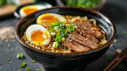 Appetizing bowl of Ramen with wheat noodles in a savory broth, topped with sliced pork, soft-boiled eggs, and green onions, isolated background, studio lighting