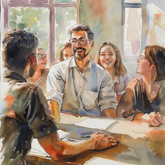 Professor black skin and students watercolour AI generated watercolour set