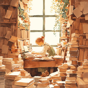 Watercolour AI generated illustration set with student reading books learning