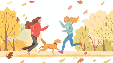 Young girlfriends run with dog in park. Vector flat style