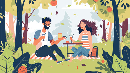 Young happy couple having picnic in the forest . Vector