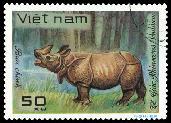 Vintage  postage stamp.  Rhinoceros sondaicus.