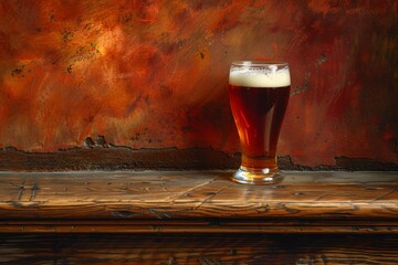 An inviting dark ale in a classic pint glass sits on a rustic wooden table against an orange...