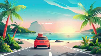 Summer car trip for sea beach vacation travel road. Family drive on ocean holiday with luggage. Coastal ride with mountain view.