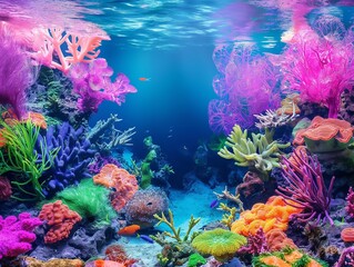 Naklejka na ściany i meble reef with colorful living organisms,magical beauty of a coral reef with rainbow coloring