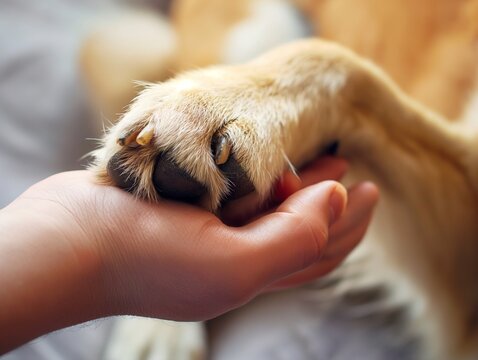 Dog paw and human hand are doing handshake, Conceptual image of friendship