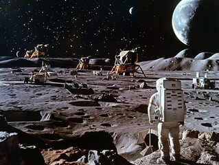 Space colony on the moon, Construction of settlements on the moon, lunar modules and development of technologies - obrazy, fototapety, plakaty