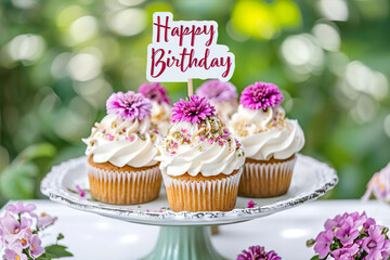 happy birthday quote on beautiful decorated and delicious birthday cupcakes on a plate in a garden, birthday background, birthday card