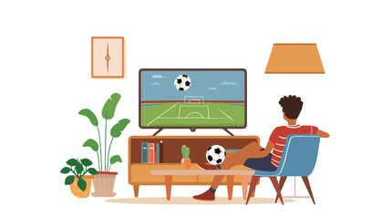 Football fan watching soccer on the TV in the living