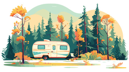 Forest camping landscape with trailer. Summer camp 