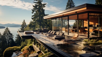 A beautiful house perched on a hillside with a breathtaking view of the water and majestic mountains - Powered by Adobe