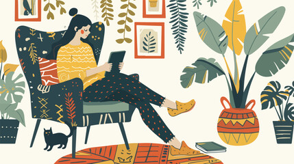 Freelancer girl with notebook and cat on chair at home