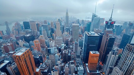 Veduta aerea della città, grattacieli e costruzioni urbane grigio azzurre. - obrazy, fototapety, plakaty