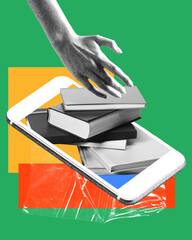 Person interacting with mobile phone and books inside. Contemporary art collage. Seamless integration of technology and education. Concept of online education, e-learning, modern innovations