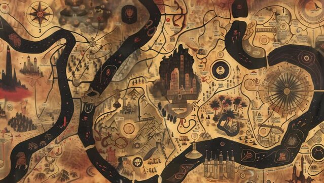 Intricately detailed fantasy map in a vintage style, featuring complex terrain, mysterious locations and ancient landmarks. Evokes a sense of adventure, lore and worldbuilding from a bygone era.

