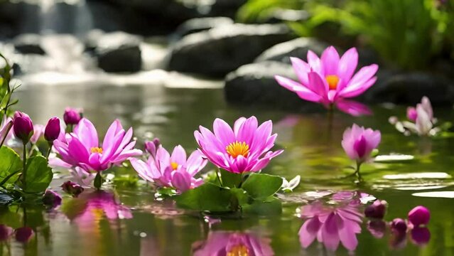 romantic colorful flowers on water surface,Colorful flowers floating in clear water. waves on pink background. Crystal clear blue pure water with reflections sunlight and shadows. calming nature video