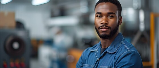 Obraz premium AfroAmerican mechanic in blue jumpsuit with wrench against white background. Concept Black History Month, Afro-American Culture, Auto Mechanics, Blue Jumpsuit, Tools and Equipment