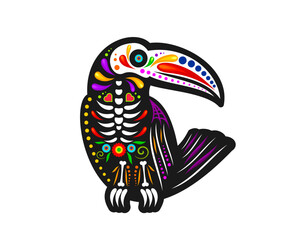 Naklejka premium Mexican Day of Dead, toucan bird with sugar skull for tattoo, vector symbol. Dia de Los Muertos holiday or Mexico fiesta tattoo decoration of toucan skeleton skull with Mexican floral ornament