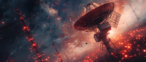 Fotobehang A radio telescope is searching for signals from an alien civilization when it detects a signal. © Seksan