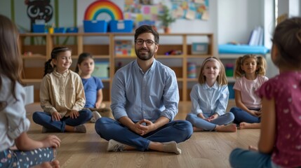 A man sits in a circle with a group of children
