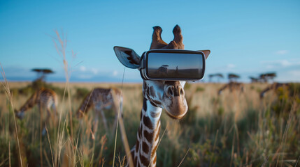 A giraffe standing in a field of tall grass. Copy space. - obrazy, fototapety, plakaty